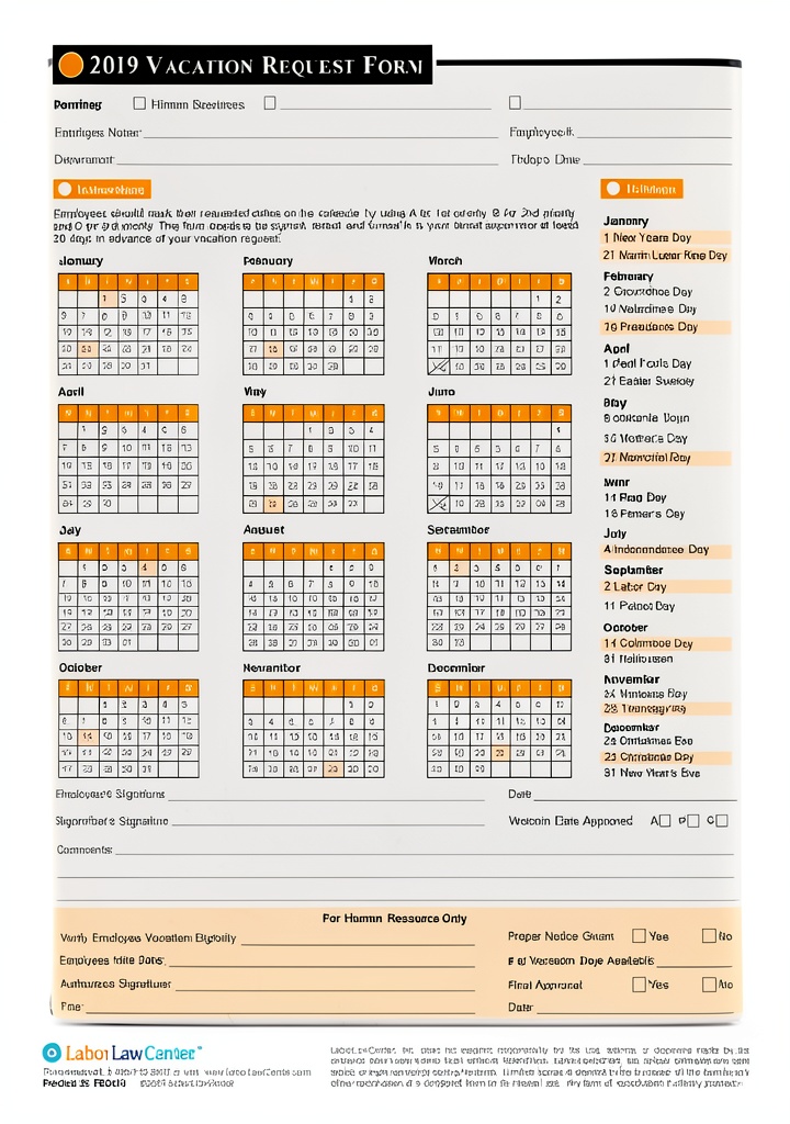 Labor Law Center vacation request sheet showing filled employee details and signature sections