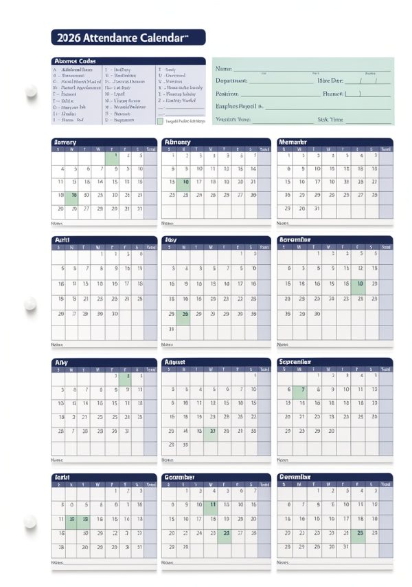 ComplyRight Attendance Calendar Card 2026 Paper HR-1